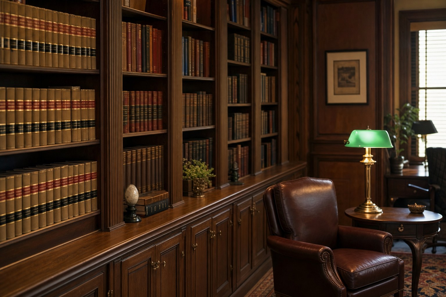 Libreria in legno scuro piena di volumi rilegati, poltrona di cuoio e lampada verde d'ottone su un tavolino rotondo